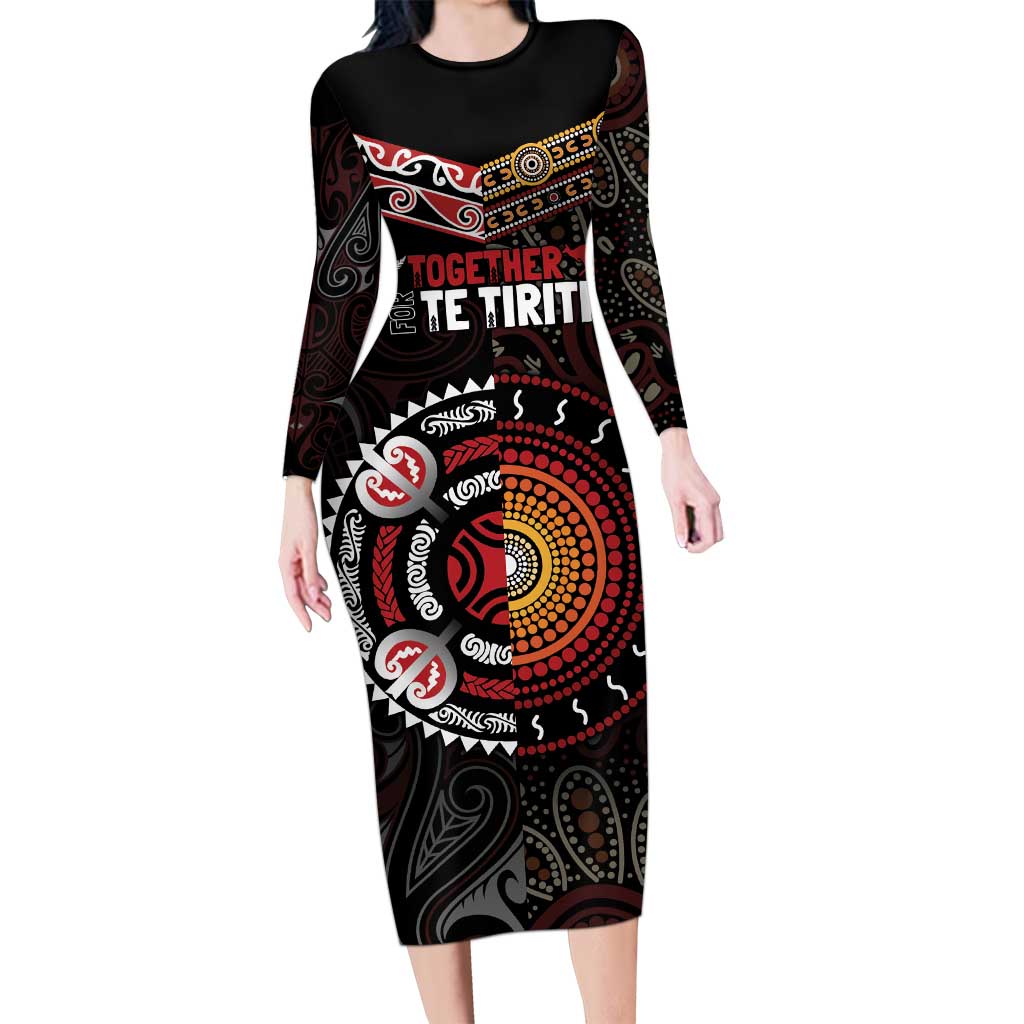Aotearoa and Australia Indigenous Long Sleeve Bodycon Dress Stand Together For Te Tiriti LT7 Long Dress Black - Polynesian Pride