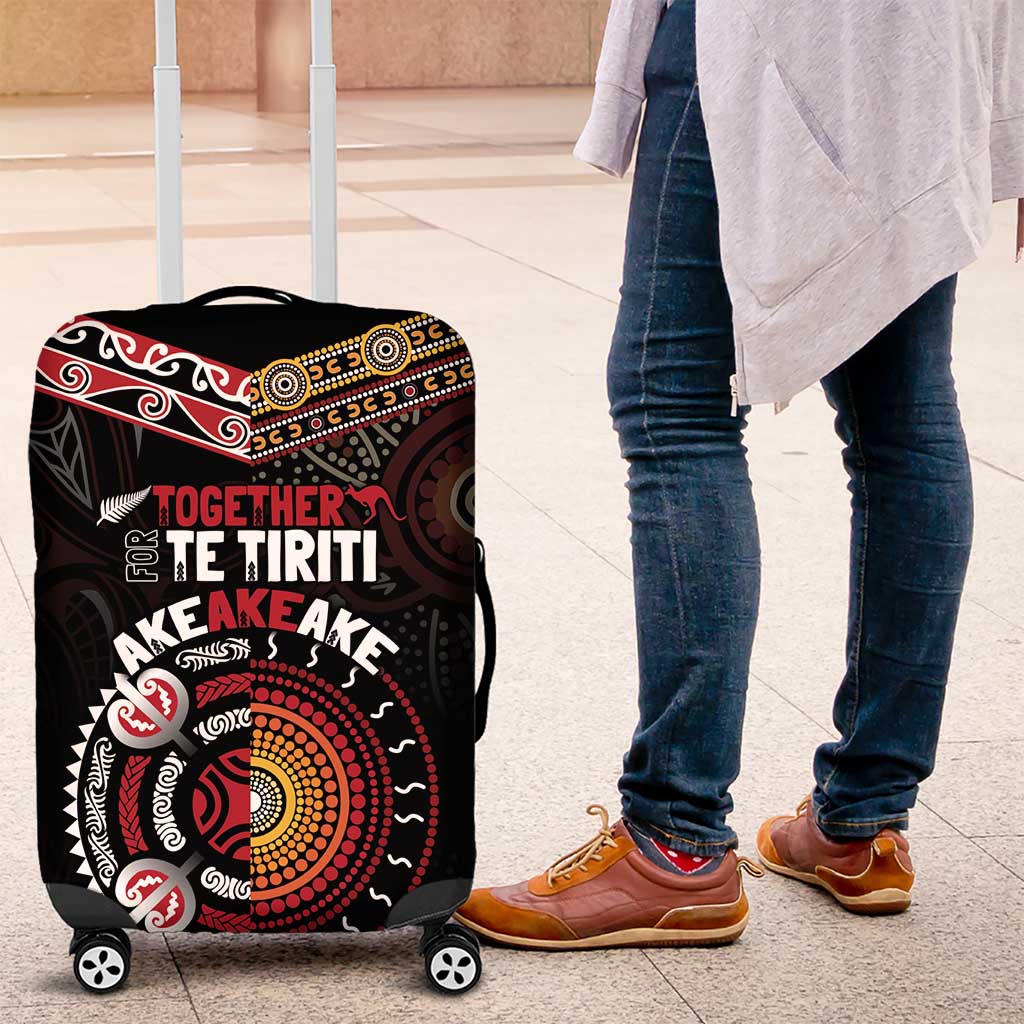 Aotearoa and Australia Indigenous Luggage Cover Stand Together For Te Tiriti LT7 Black - Polynesian Pride