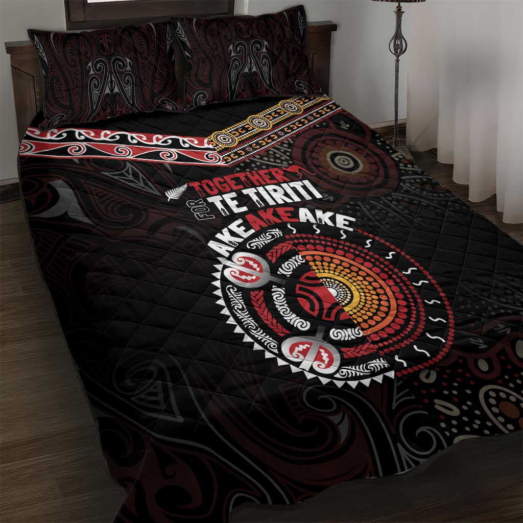 Aotearoa and Australia Indigenous Quilt Bed Set Stand Together For Te Tiriti LT7 Black - Polynesian Pride