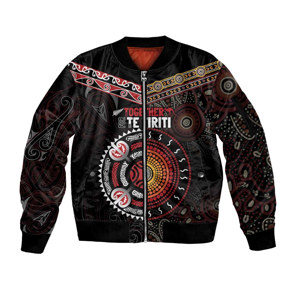 Aotearoa and Australia Indigenous Sleeve Zip Bomber Jacket Stand Together For Te Tiriti LT7 Unisex Black - Polynesian Pride