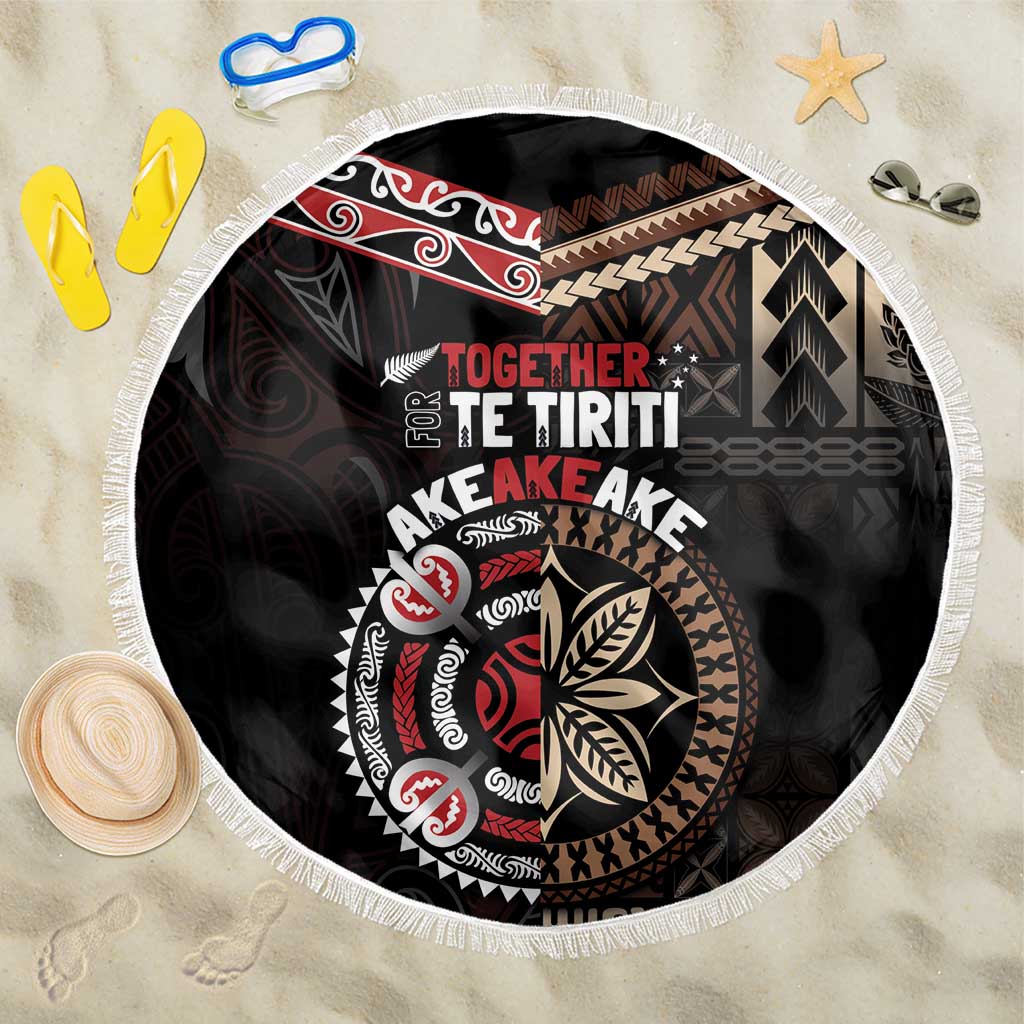 Aotearoa and Samoa Together For Te Tiriti Beach Blanket Kowhaiwhai Mix Siapo LT7 One Size 150cm Black - Polynesian Pride