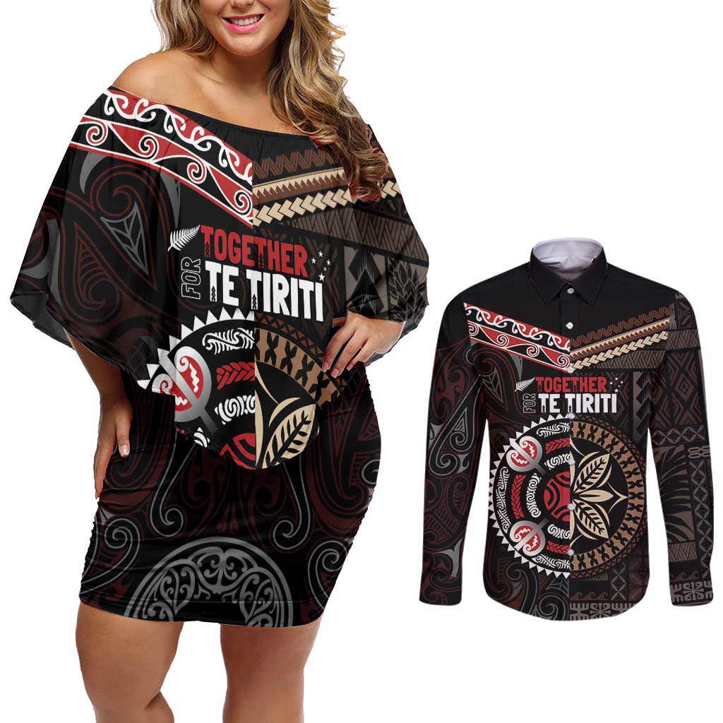 Aotearoa and Samoa Together For Te Tiriti Couples Matching Off Shoulder Short Dress and Long Sleeve Button Shirt Kowhaiwhai Mix Siapo