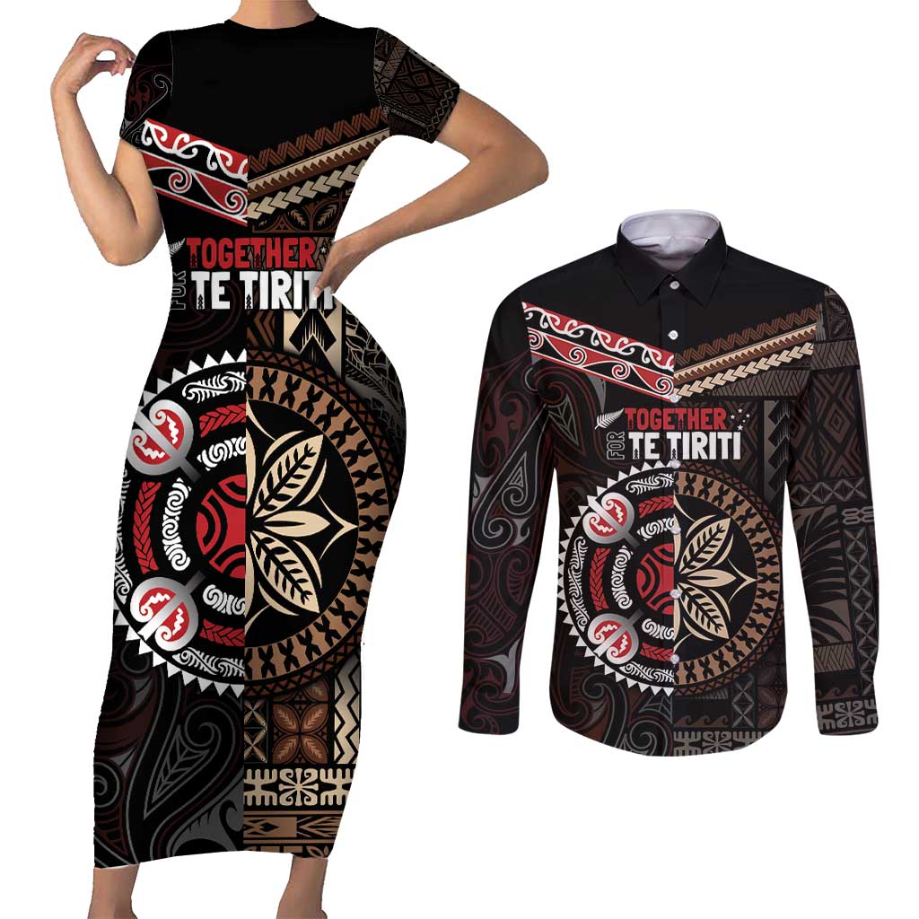 Aotearoa and Samoa Together For Te Tiriti Couples Matching Short Sleeve Bodycon Dress and Long Sleeve Button Shirt Kowhaiwhai Mix Siapo