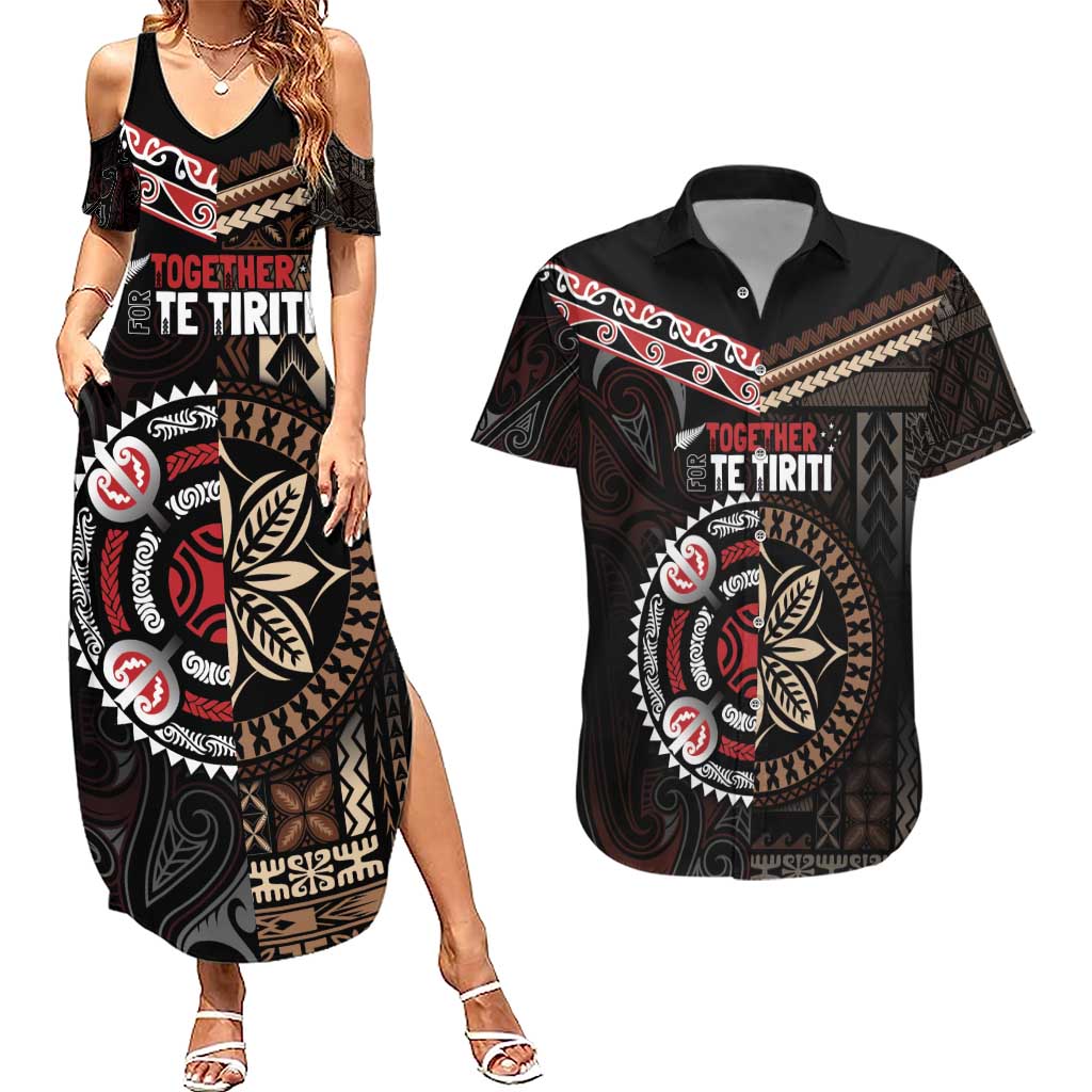 Aotearoa and Samoa Together For Te Tiriti Couples Matching Summer Maxi Dress and Hawaiian Shirt Kowhaiwhai Mix Siapo