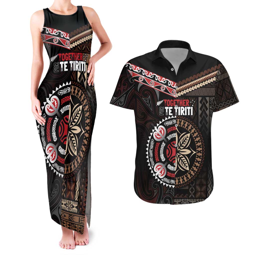 Aotearoa and Samoa Together For Te Tiriti Couples Matching Tank Maxi Dress and Hawaiian Shirt Kowhaiwhai Mix Siapo