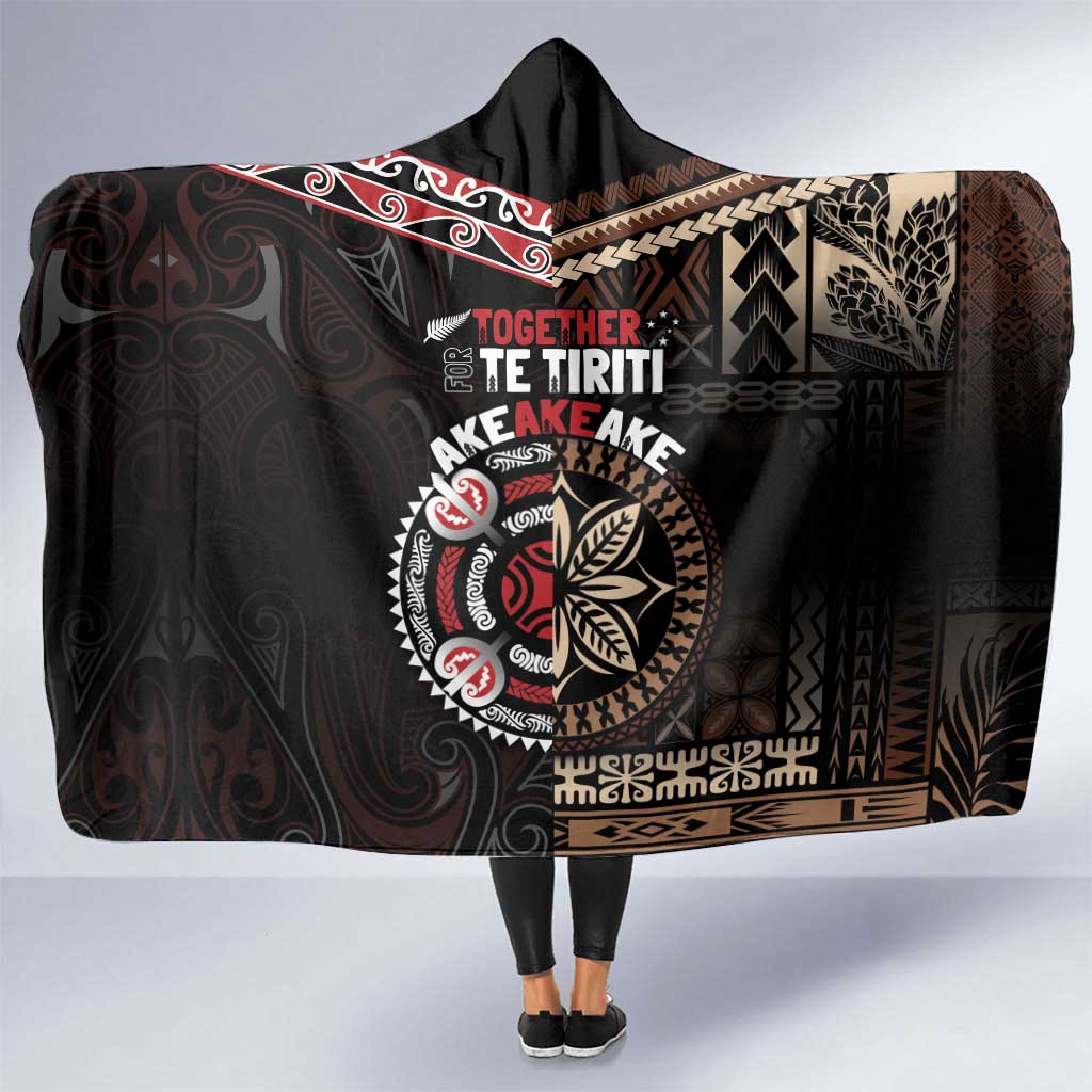 Aotearoa and Samoa Together For Te Tiriti Hooded Blanket Kowhaiwhai Mix Siapo LT7 One Size Black - Polynesian Pride