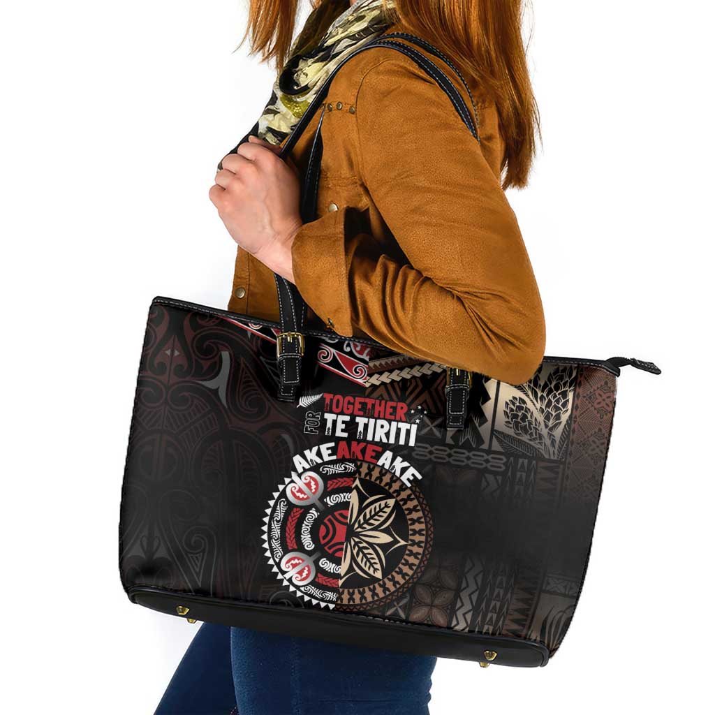 Aotearoa and Samoa Together For Te Tiriti Leather Tote Bag Kowhaiwhai Mix Siapo LT7 Black - Polynesian Pride