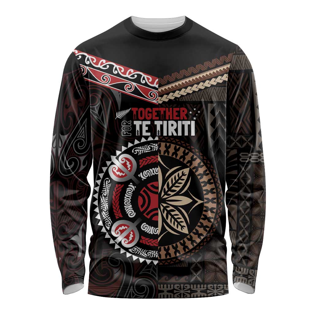 Aotearoa and Samoa Together For Te Tiriti Long Sleeve Shirt Kowhaiwhai Mix Siapo LT7 Unisex Black - Polynesian Pride