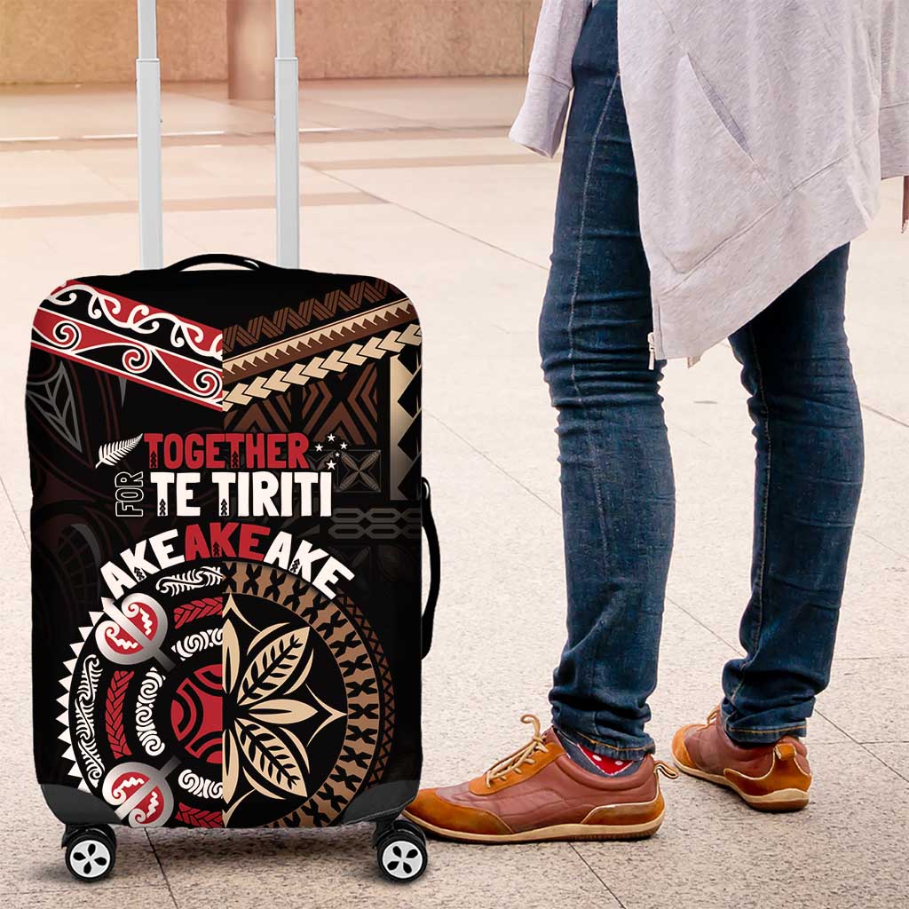 Aotearoa and Samoa Together For Te Tiriti Luggage Cover Kowhaiwhai Mix Siapo LT7 Black - Polynesian Pride