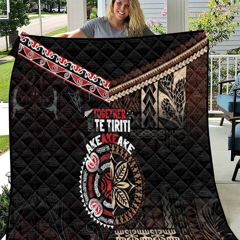 Aotearoa and Samoa Together For Te Tiriti Quilt Kowhaiwhai Mix Siapo LT7 Black - Polynesian Pride