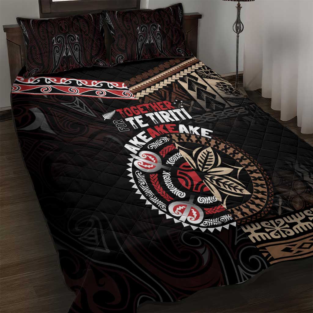 Aotearoa and Samoa Together For Te Tiriti Quilt Bed Set Kowhaiwhai Mix Siapo LT7 Black - Polynesian Pride