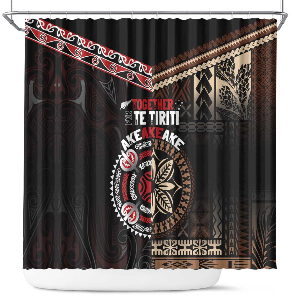 Aotearoa and Samoa Together For Te Tiriti Shower Curtain Kowhaiwhai Mix Siapo LT7 Black - Polynesian Pride