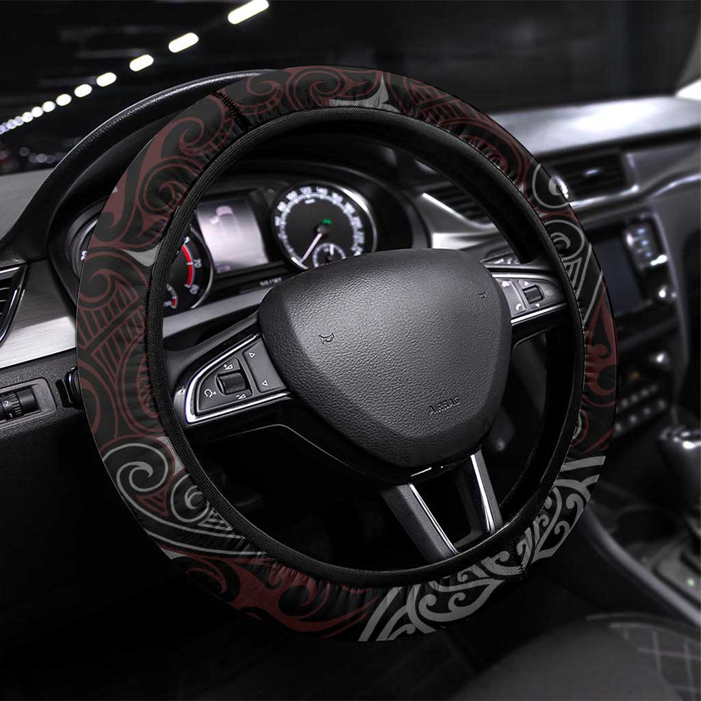 Aotearoa and Samoa Together For Te Tiriti Steering Wheel Cover Kowhaiwhai Mix Siapo LT7 Universal Fit Black - Polynesian Pride