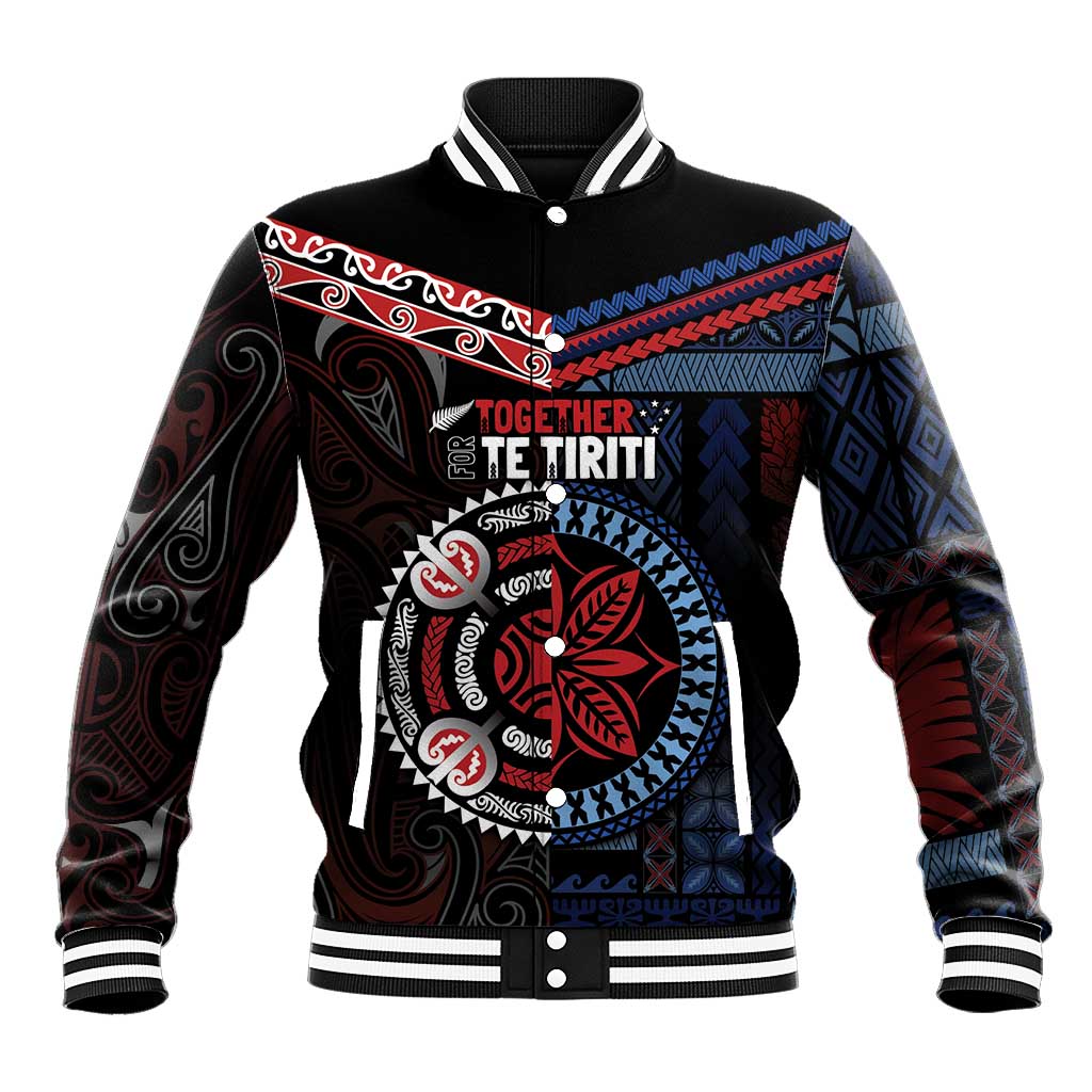 Aotearoa and Samoa Together For Te Tiriti Baseball Jacket Kowhaiwhai Mix Siapo - Flag Color