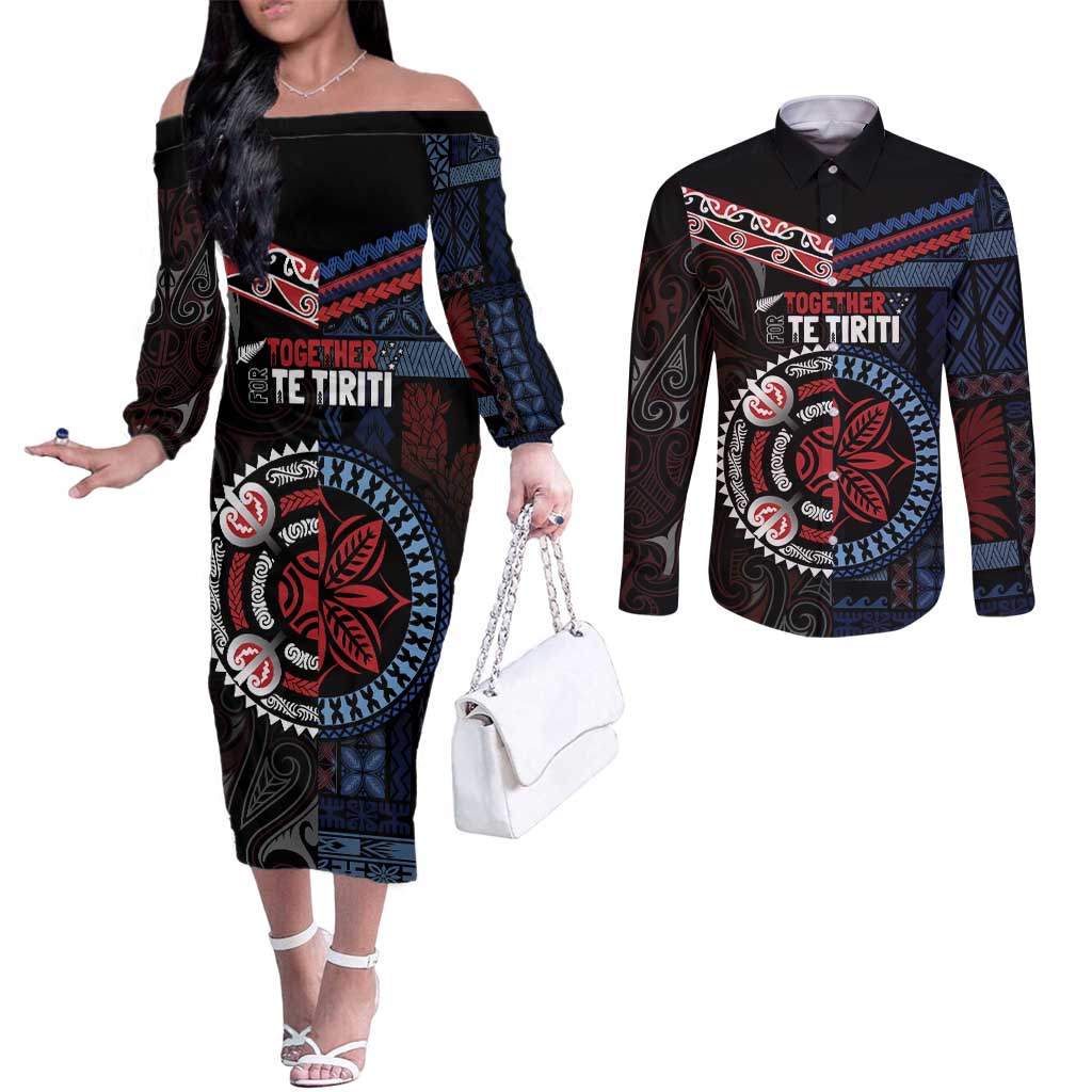 Aotearoa and Samoa Together For Te Tiriti Couples Matching Off The Shoulder Long Sleeve Dress and Long Sleeve Button Shirt Kowhaiwhai Mix Siapo - Flag Color