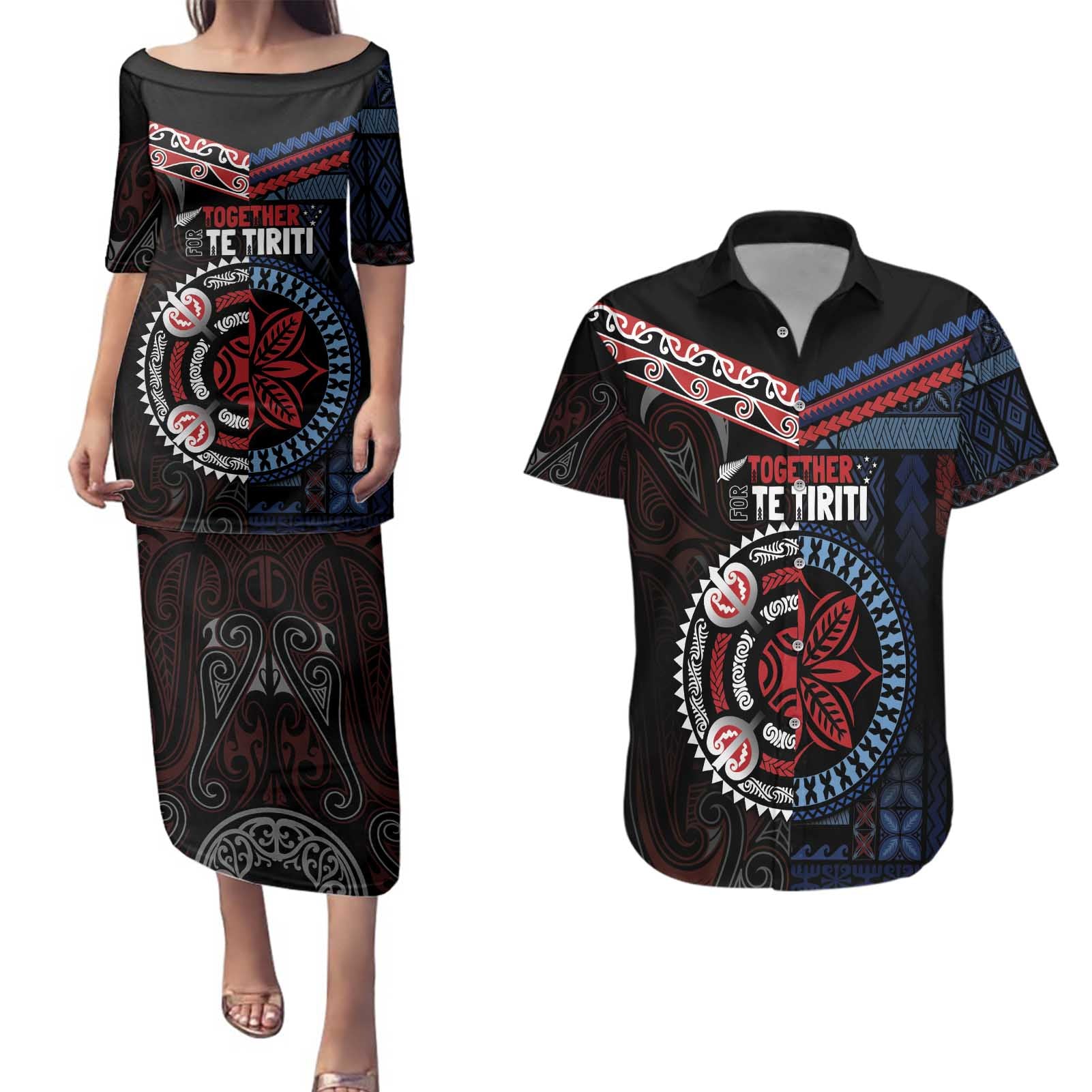 Aotearoa and Samoa Together For Te Tiriti Couples Matching Puletasi and Hawaiian Shirt Kowhaiwhai Mix Siapo - Flag Color