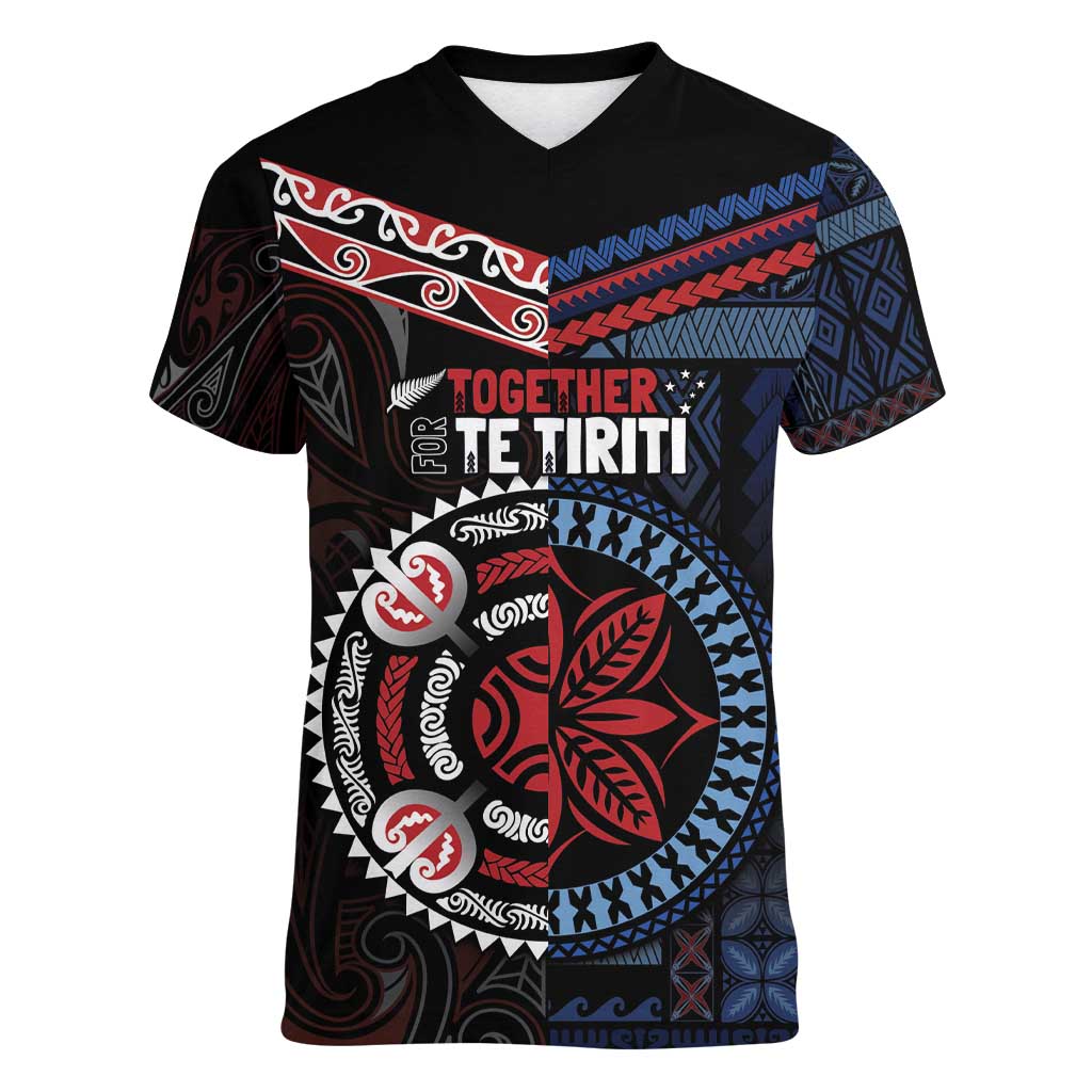 Aotearoa and Samoa Together For Te Tiriti Women V-Neck T-Shirt Kowhaiwhai Mix Siapo - Flag Color