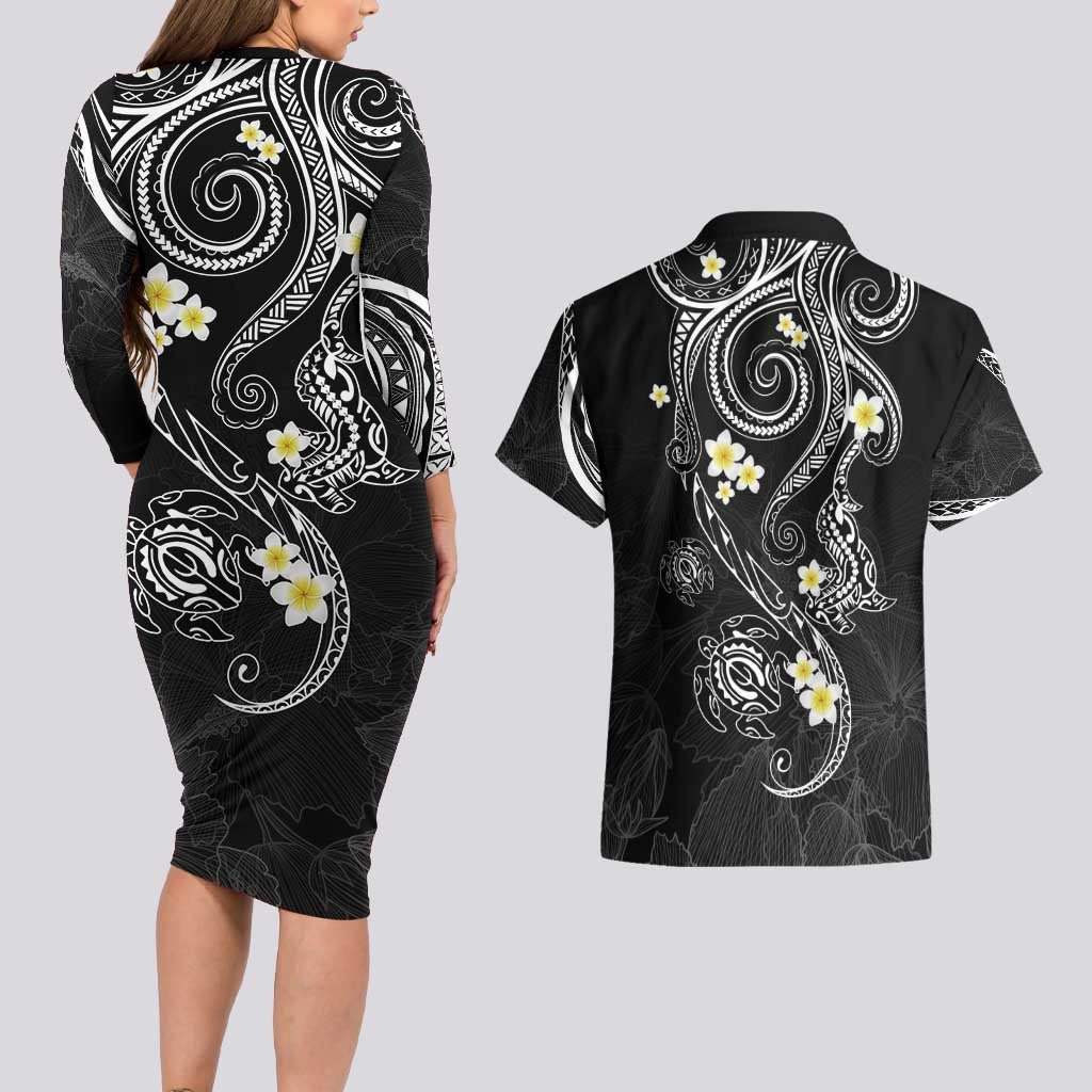 Polynesia Tribal Couples Matching Long Sleeve Bodycon Dress and Hawaiian Shirt Tentacles Plumeria