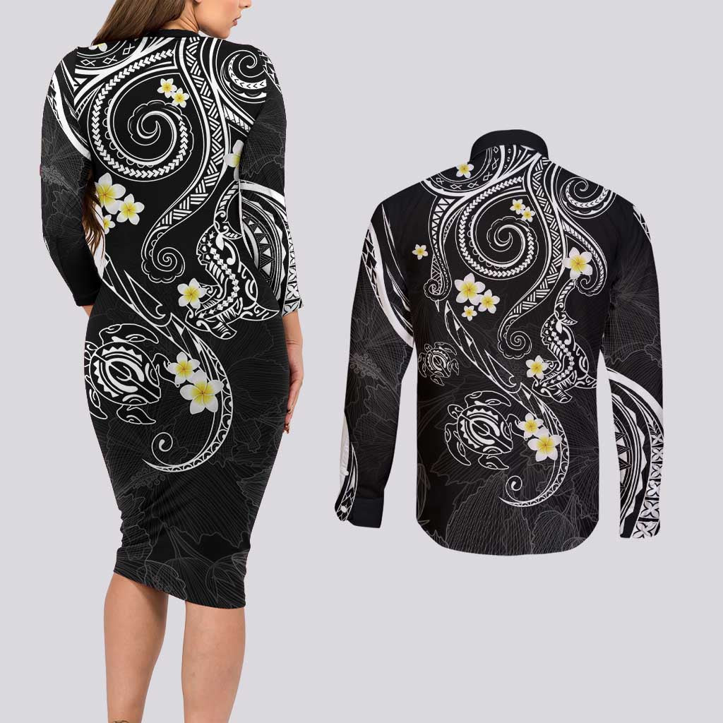 Polynesia Tribal Couples Matching Long Sleeve Bodycon Dress and Long Sleeve Button Shirt Tentacles Plumeria LT7 - Polynesian Pride