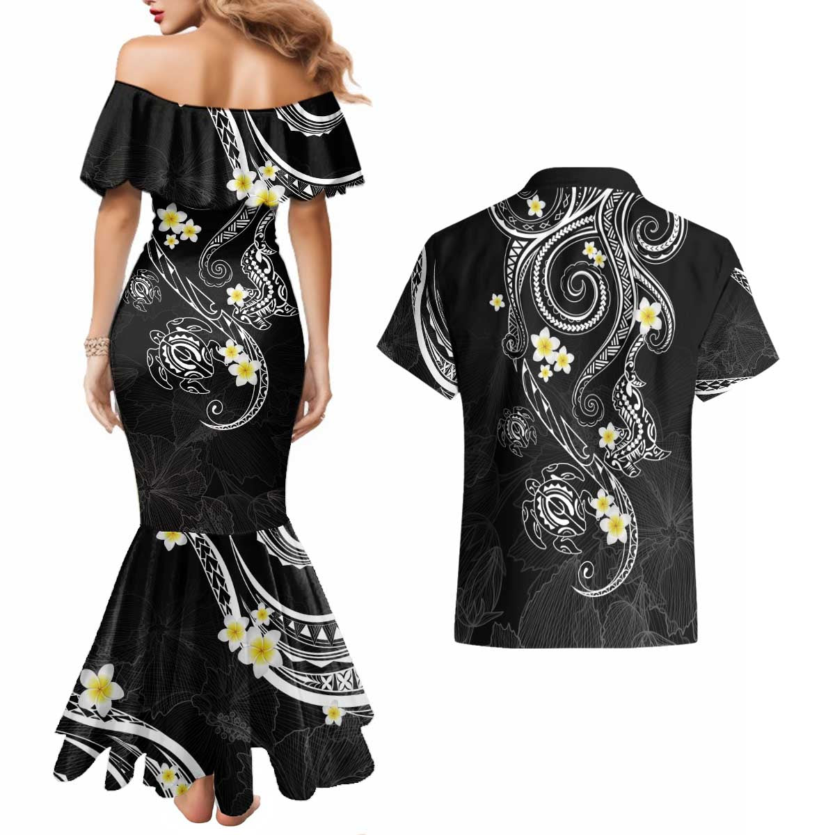 Polynesia Tribal Couples Matching Mermaid Dress and Hawaiian Shirt Tentacles Plumeria