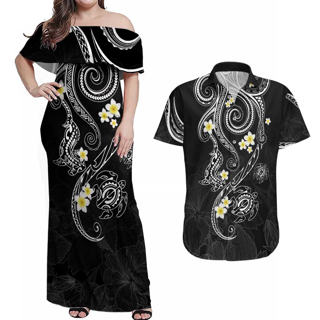 Polynesia Tribal Couples Matching Off Shoulder Maxi Dress and Hawaiian Shirt Tentacles Plumeria