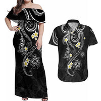 Polynesia Tribal Couples Matching Off Shoulder Maxi Dress and Hawaiian Shirt Tentacles Plumeria