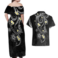 Polynesia Tribal Couples Matching Off Shoulder Maxi Dress and Hawaiian Shirt Tentacles Plumeria