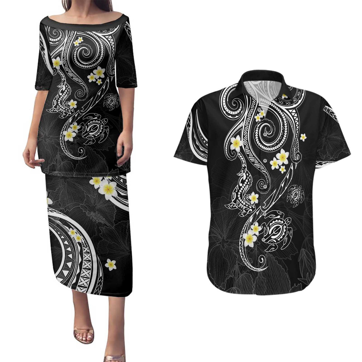 Polynesia Tribal Couples Matching Puletasi and Hawaiian Shirt Tentacles Plumeria
