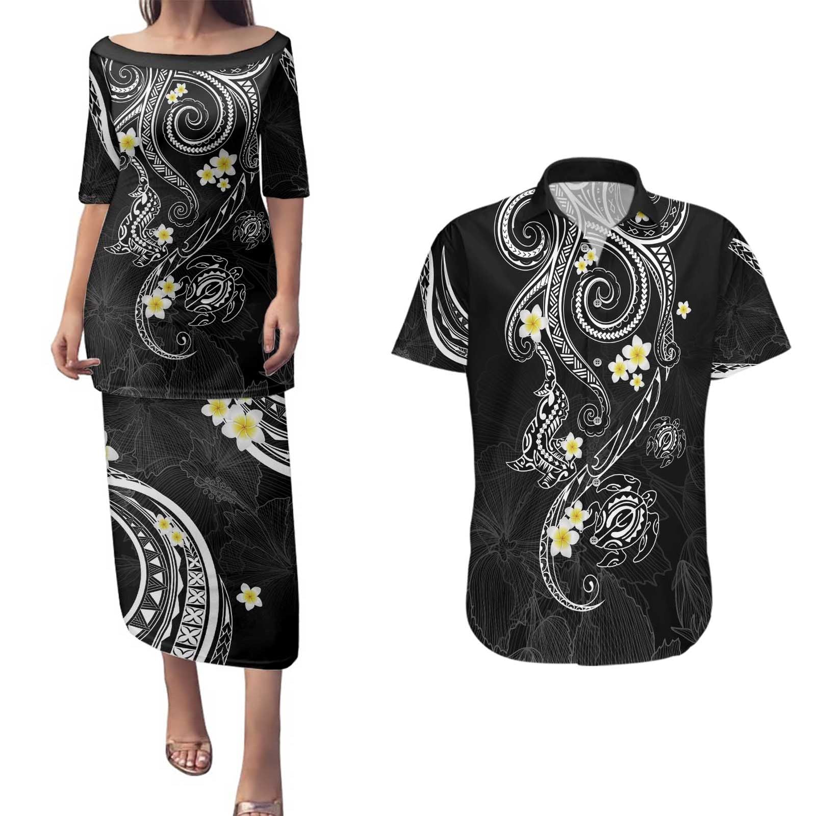 Polynesia Tribal Couples Matching Puletasi and Hawaiian Shirt Tentacles Plumeria