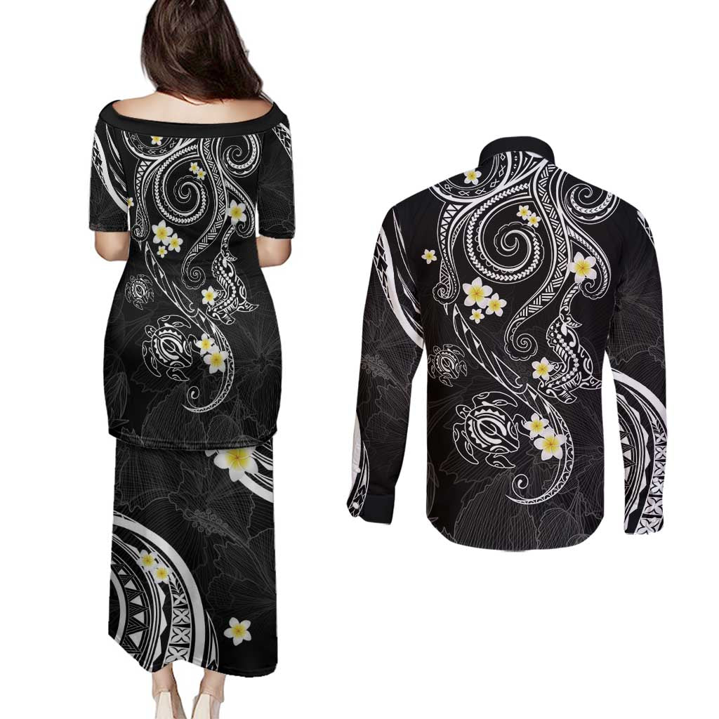 Polynesia Tribal Couples Matching Puletasi and Long Sleeve Button Shirt Tentacles Plumeria