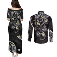 Polynesia Tribal Couples Matching Puletasi and Long Sleeve Button Shirt Tentacles Plumeria