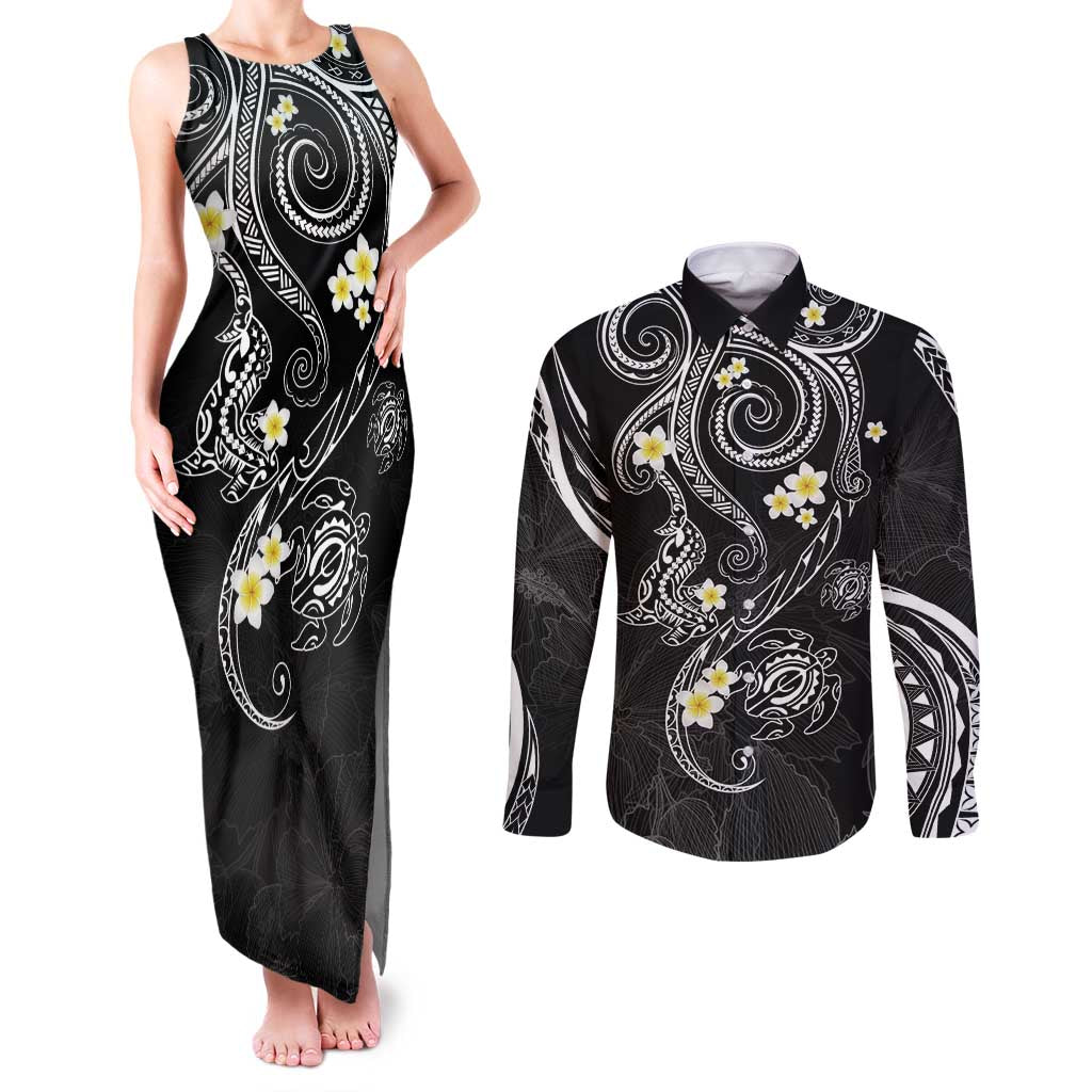 Polynesia Tribal Couples Matching Tank Maxi Dress and Long Sleeve Button Shirt Tentacles Plumeria