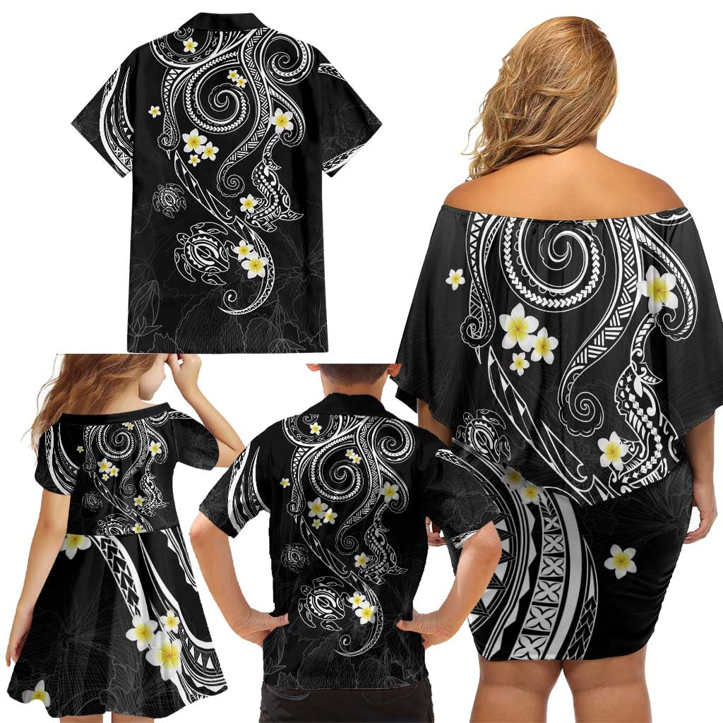 Polynesia Tribal Family Matching Off Shoulder Short Dress and Hawaiian Shirt Tentacles Plumeria