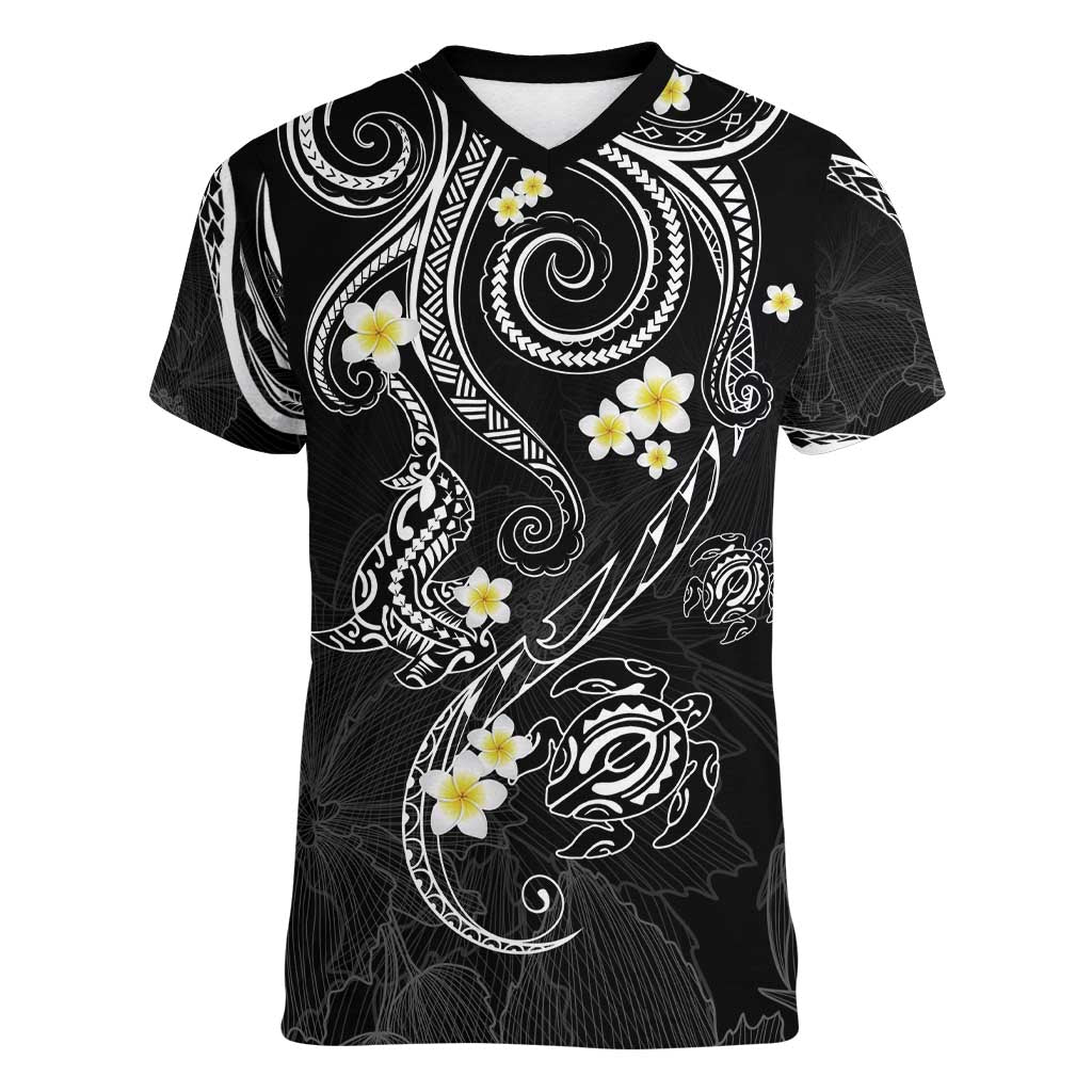 Polynesia Tribal Women V-Neck T-Shirt Tentacles Plumeria