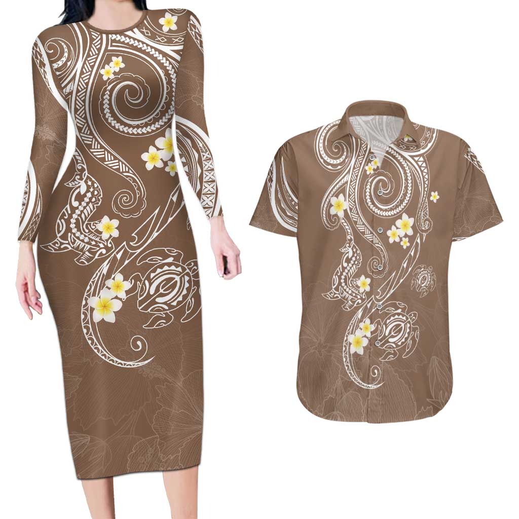 Polynesia Tribal Couples Matching Long Sleeve Bodycon Dress and Hawaiian Shirt Mocha Plumeria Tentacles