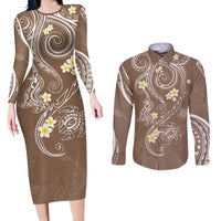 Polynesia Tribal Couples Matching Long Sleeve Bodycon Dress and Long Sleeve Button Shirt Mocha Plumeria Tentacles LT7 Mocha - Polynesian Pride