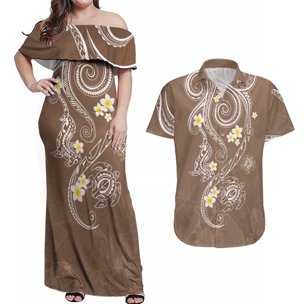 Polynesia Tribal Couples Matching Off Shoulder Maxi Dress and Hawaiian Shirt Mocha Plumeria Tentacles