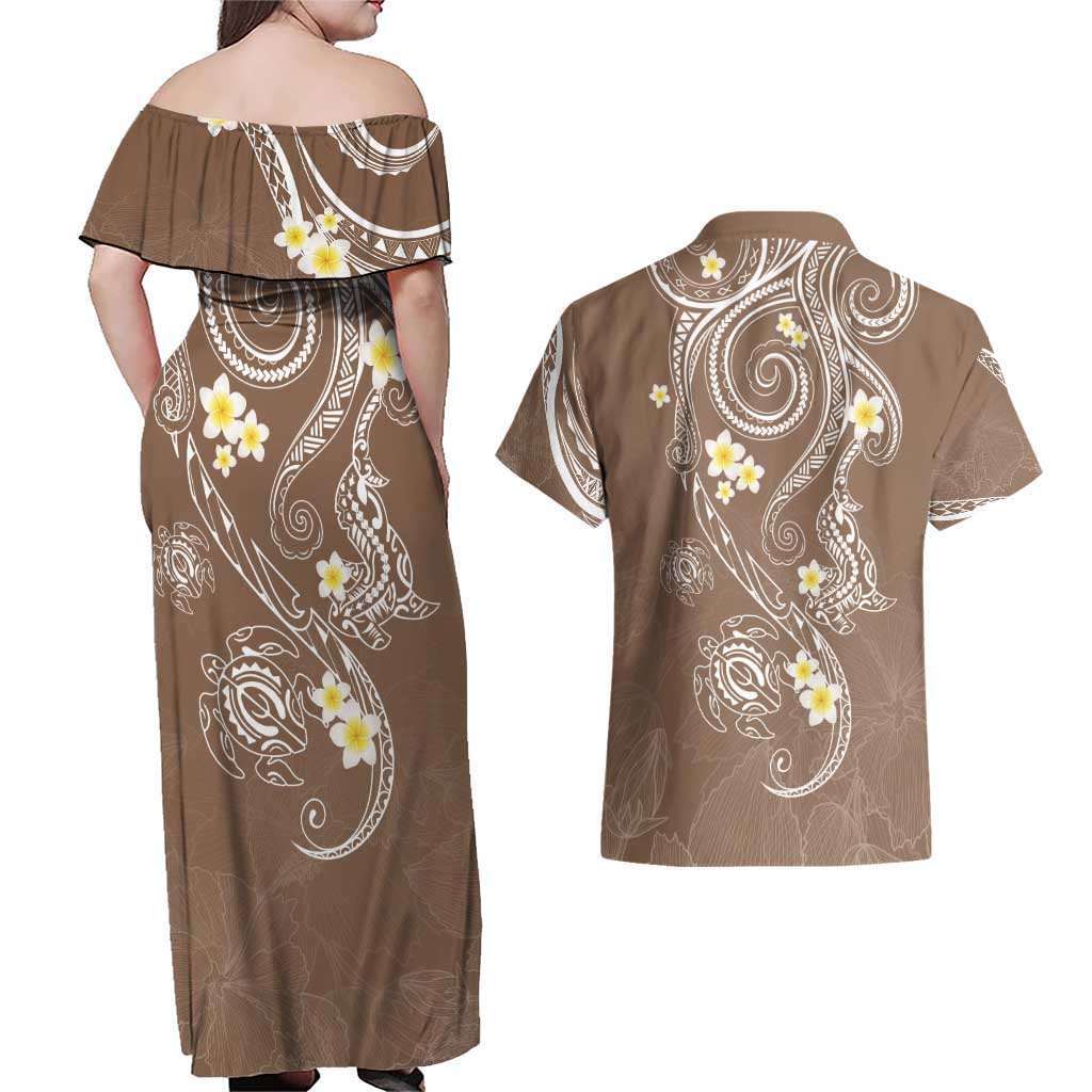 Polynesia Tribal Couples Matching Off Shoulder Maxi Dress and Hawaiian Shirt Mocha Plumeria Tentacles