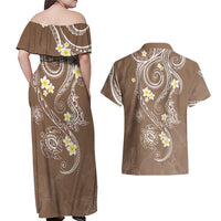 Polynesia Tribal Couples Matching Off Shoulder Maxi Dress and Hawaiian Shirt Mocha Plumeria Tentacles