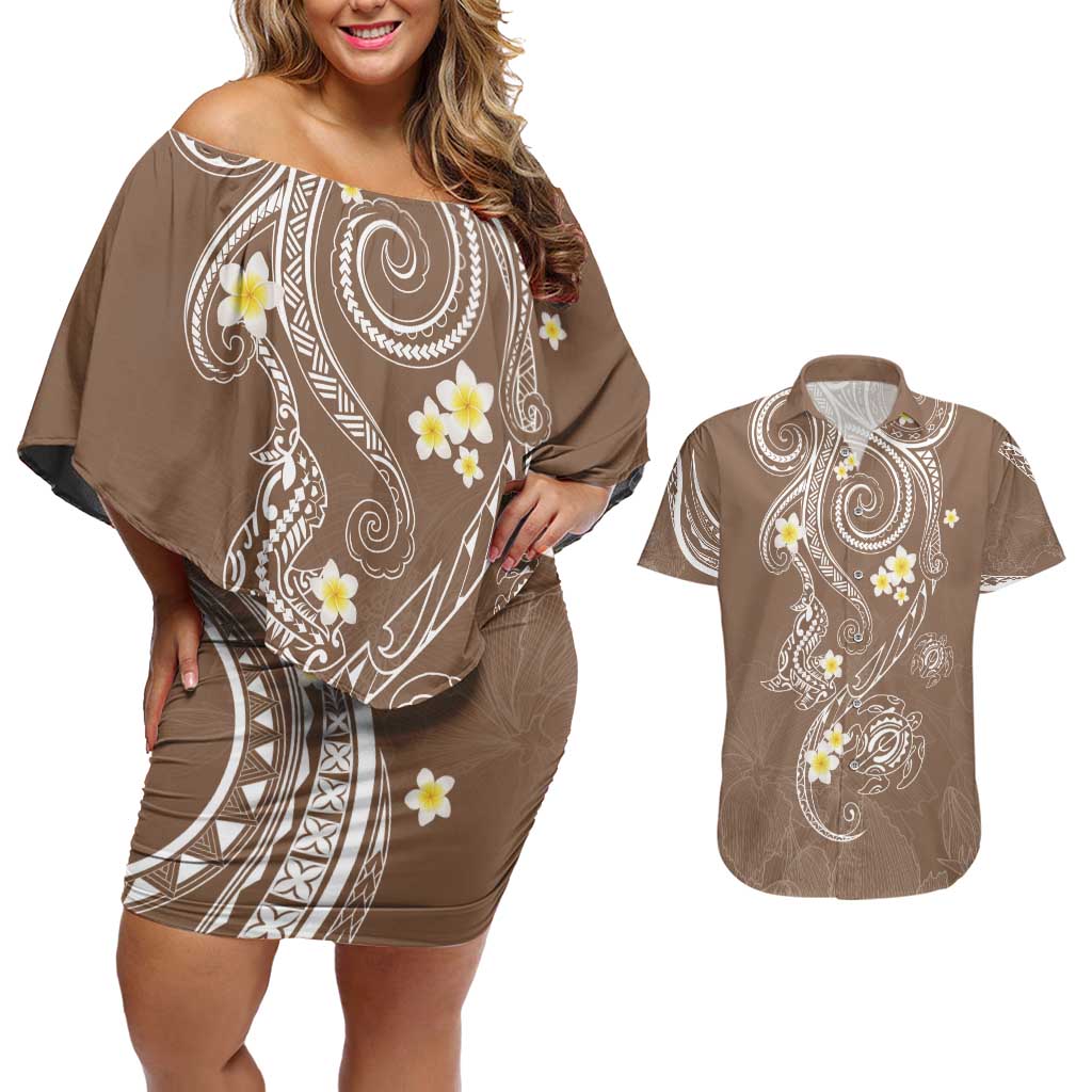 Polynesia Tribal Couples Matching Off Shoulder Short Dress and Hawaiian Shirt Mocha Plumeria Tentacles