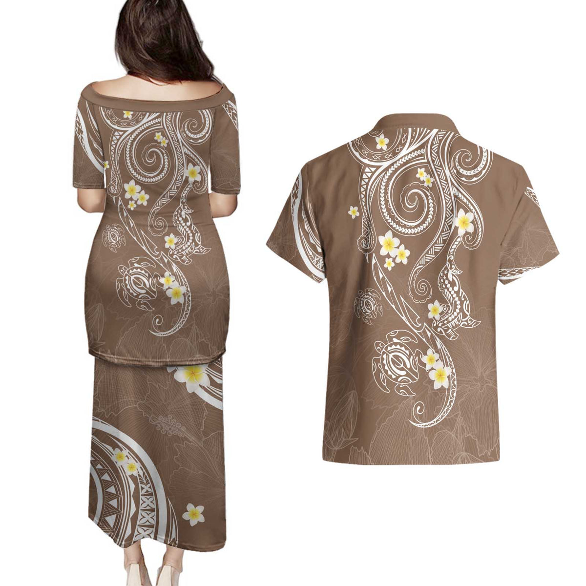 Polynesia Tribal Couples Matching Puletasi and Hawaiian Shirt Mocha Plumeria Tentacles