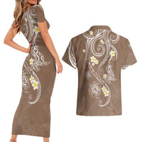 Polynesia Tribal Couples Matching Short Sleeve Bodycon Dress and Hawaiian Shirt Mocha Plumeria Tentacles