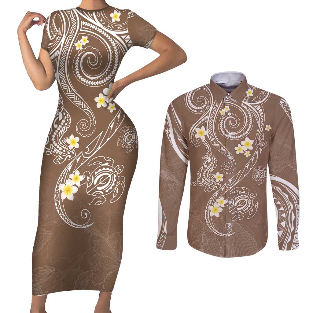 Polynesia Tribal Couples Matching Short Sleeve Bodycon Dress and Long Sleeve Button Shirt Mocha Plumeria Tentacles LT7 Mocha - Polynesian Pride