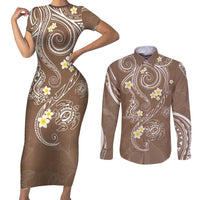 Polynesia Tribal Couples Matching Short Sleeve Bodycon Dress and Long Sleeve Button Shirt Mocha Plumeria Tentacles LT7 Mocha - Polynesian Pride