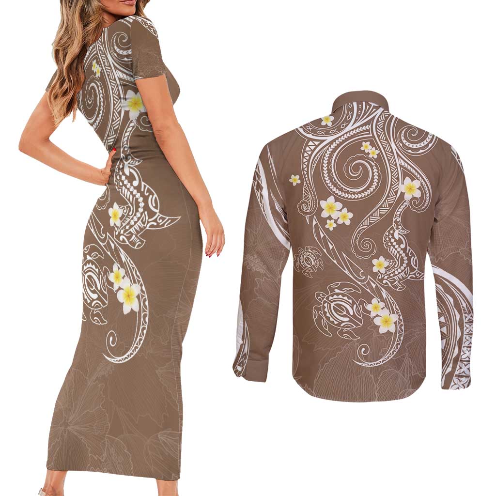 Polynesia Tribal Couples Matching Short Sleeve Bodycon Dress and Long Sleeve Button Shirt Mocha Plumeria Tentacles LT7 - Polynesian Pride