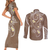 Polynesia Tribal Couples Matching Short Sleeve Bodycon Dress and Long Sleeve Button Shirt Mocha Plumeria Tentacles LT7 - Polynesian Pride