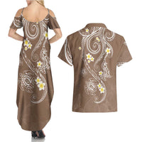 Polynesia Tribal Couples Matching Summer Maxi Dress and Hawaiian Shirt Mocha Plumeria Tentacles