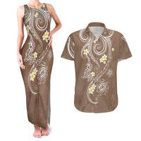 Polynesia Tribal Couples Matching Tank Maxi Dress and Hawaiian Shirt Mocha Plumeria Tentacles