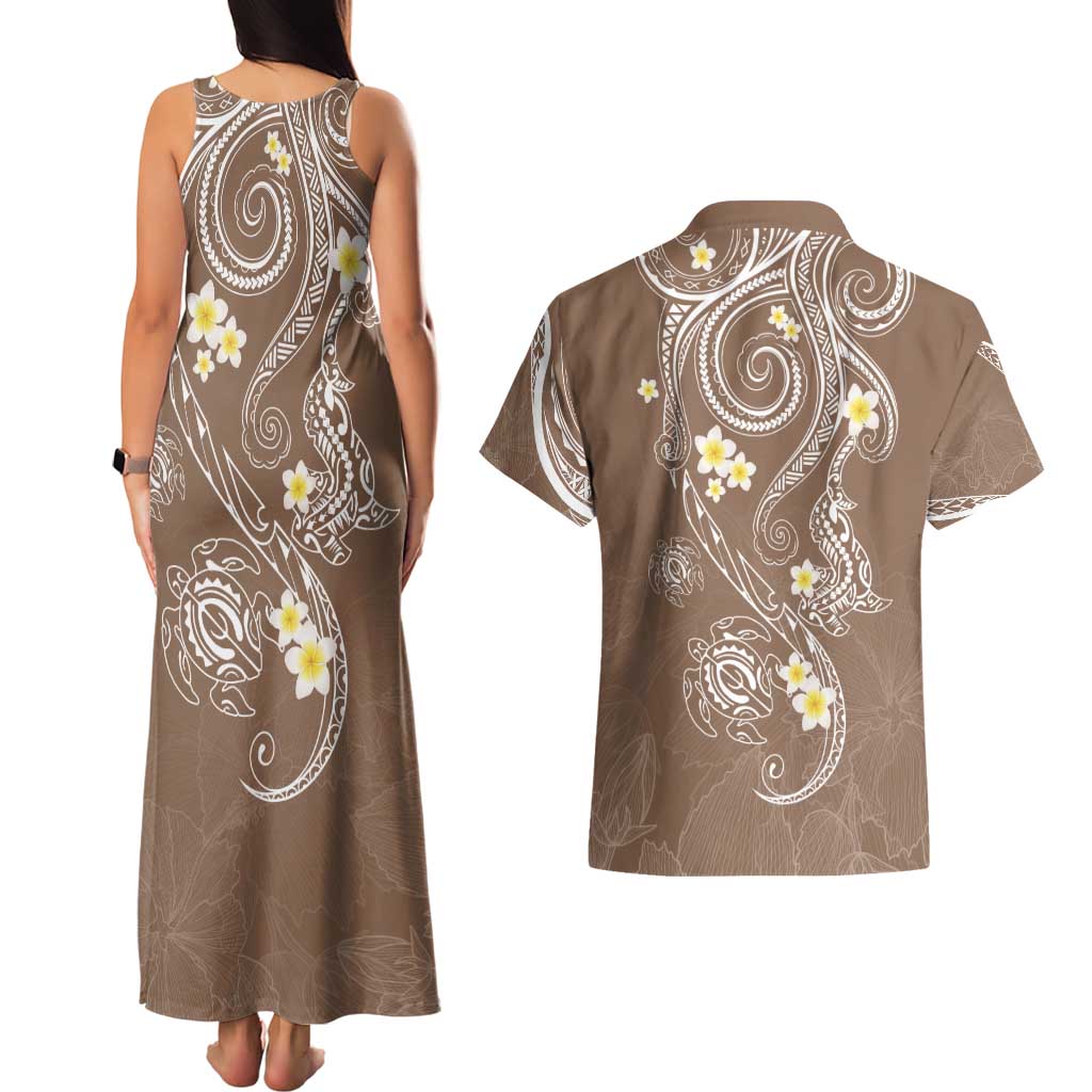 Polynesia Tribal Couples Matching Tank Maxi Dress and Hawaiian Shirt Mocha Plumeria Tentacles