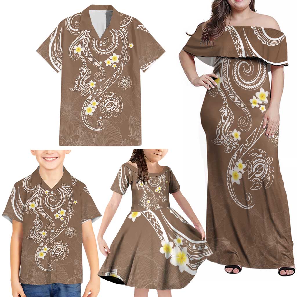 Polynesia Tribal Family Matching Off Shoulder Maxi Dress and Hawaiian Shirt Mocha Plumeria Tentacles